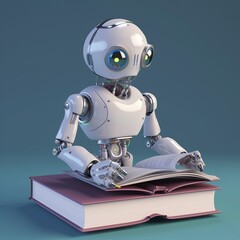 Fototapeta premium Robot writing book in realistic style on home background. Ai technology background. Artificial intelligence. Creative design. Futuristic technology. Online business.