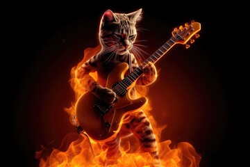 Fototapeta na wymiar rocking cat on electric guitar, with smoke and flames in the background, created with generative ai