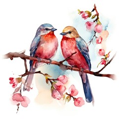 Carmine Songbirds in Love: A Watercolor Painting of Two Birds on a Branch: Generative AI