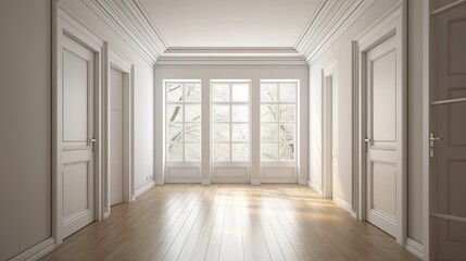 An Open White Doorway to a Home: A White Photo Frame in a Light and Airy Hallway with a Window. Generative AI