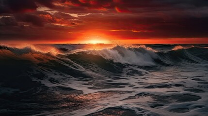 Raging Storm Waves Light Up the Evening Sky in an Ocean Sunset: Generative AI