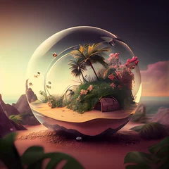 Fototapete Bordeaux Tropical island in a crystal ball. 3D render.