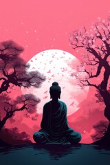 Zen and Spiritual Renewal: A Meditating Woman Buddha Statue with Cherry Blossoms, Generative AI