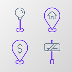 Set line Road traffic sign, Cash location, Location with house and Push pin icon. Vector