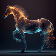 Horse with glowing mane on dark background. 3D rendering