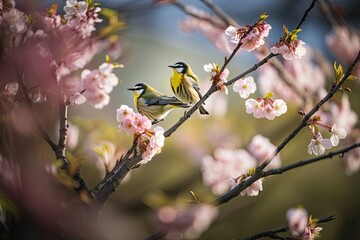 springtime, with blooming flowers and birds singing in the background, created with generative ai