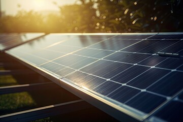 close-up of solar panel with sun shining down, showcasing its clean and renewable energy, created with generative ai