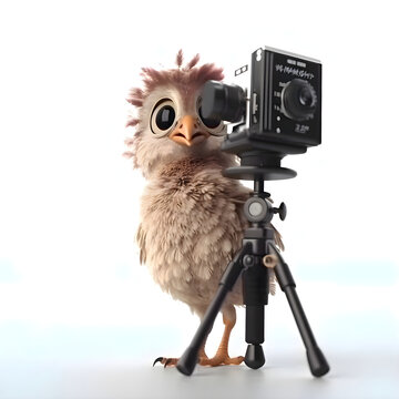 Cute bird with a camera isolated on white background. 3d illustration