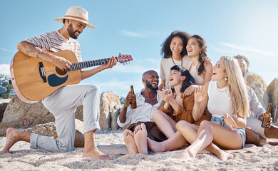 Are my friends good listeners Checked. Shot of a man playing the guitar while his friends sing...