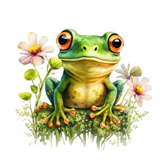 Obraz premium Cute little happy frog green color and big eyes with colorful flowers PNGclipart isolated on Transparency Background