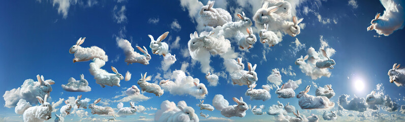 Blue sky with clouds that look like rabbits. Collage - 596758233