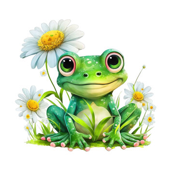 Cute little happy frog green color and big eyes with colorful flowers PNGclipart isolated on Transparency Background
