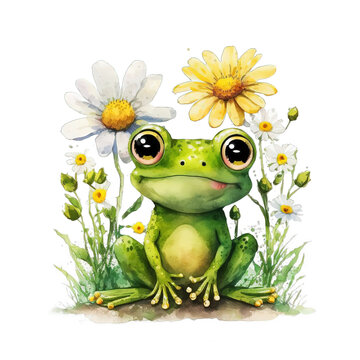Cute little happy frog green color and big eyes with colorful flowers PNGclipart isolated on Transparency Background
