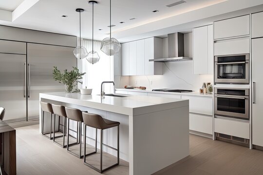 refined and sleek white kitchen with state-of-the-art appliances and clean lines, created with generative ai