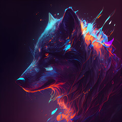 Sketch of wolf head in neon light. illustration.