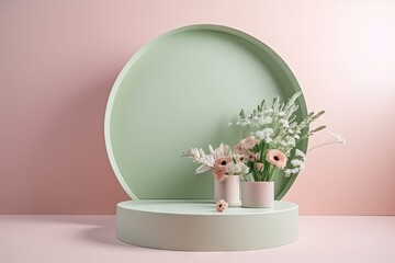 springtime minimal round podium with bouquet of flowers, created with generative ai