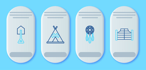 Set line Indian teepee or wigwam, Dream catcher with feathers, Shovel and Saloon door icon. Vector