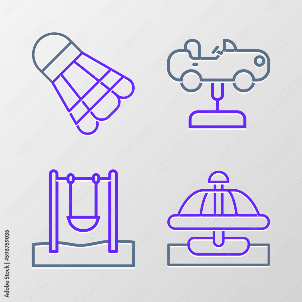 Poster set line attraction carousel, swing, and badminton shuttlecock icon. vector