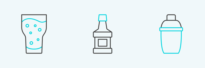 Set line Cocktail shaker, Glass of beer and Whiskey bottle icon. Vector