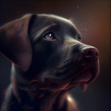 Portrait of a chocolate labrador retriever dog with smoke.