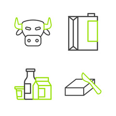 Set line Butter in a butter dish, Milk product, Paper package for kefir and Cow head icon. Vector