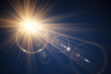 Special lens flash, light effect. The flash flashes rays and searchlight. illust.White glowing light. Beautiful star Light from the rays. The sun is backlit. Bright beautiful star. Sunlight. Glare.	
