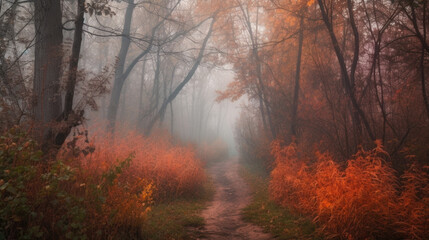 Fototapeta na wymiar a dirt road through an autumn forest with red leaves on the trees with fog. Generative AI