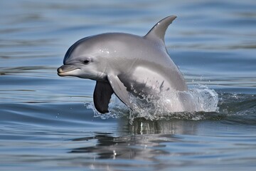 baby dolphin leaping out of the water and into the air, with its tail raised high, created with generative ai