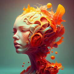 Fototapeta na wymiar 3d rendering of a female face with abstract hairstyle in red and orange