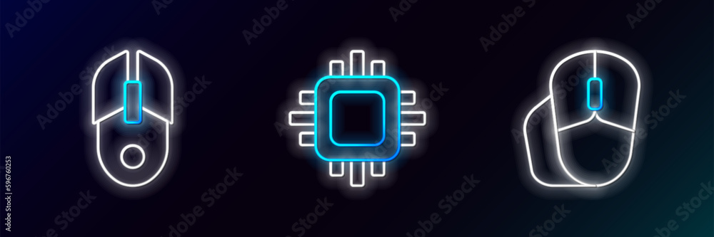 Poster set line computer mouse, and processor with cpu icon. glowing neon. vector
