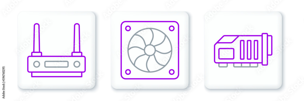 Poster set line video graphic card, router and wi-fi signal and computer cooler icon. vector