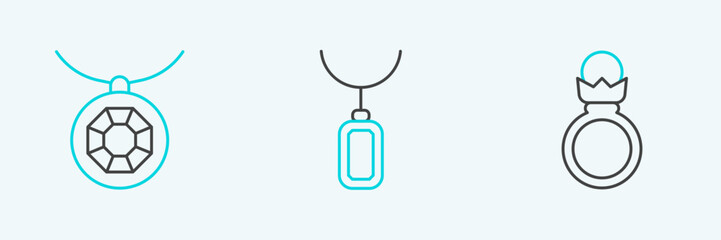 Set line Diamond engagement ring, Pendant necklace and icon. Vector