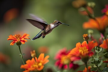 Naklejka premium hummingbird hovering over flower garden, created with generative ai