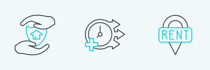 Obraz premium Set line Location key, House with shield and Clock icon. Vector