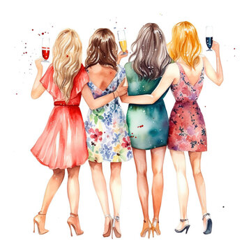 Watercolor A group of girls wearing mini dresses and high heels holding each other, isolated on white background, Generative AI