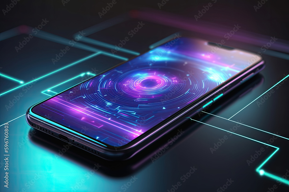 Poster smartphone on technology background. neon glowing mobile phone on abstract dark background. futurist