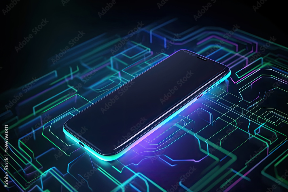 Poster smartphone on technology background. neon glowing mobile phone on abstract dark background. futurist
