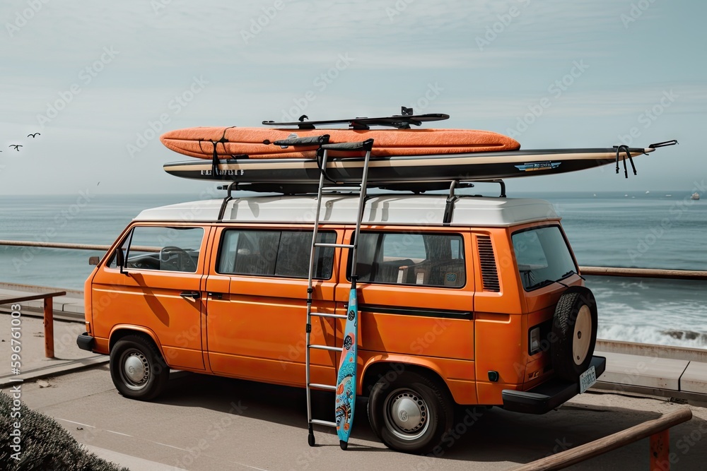 Wall mural van with surfboards strapped to the roof rack and life vests in view, created with generative ai