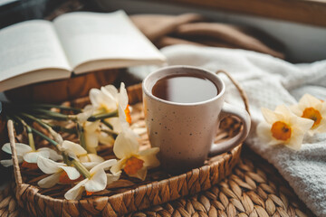 Cup of hot tea and spring home interior. good morning concept