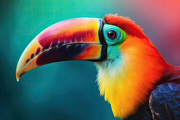 Fototapeta premium Toucan on bright background. Wallpaper with tropical bird. Exotic fauna banner with toucan, copy space. Created with Generative AI