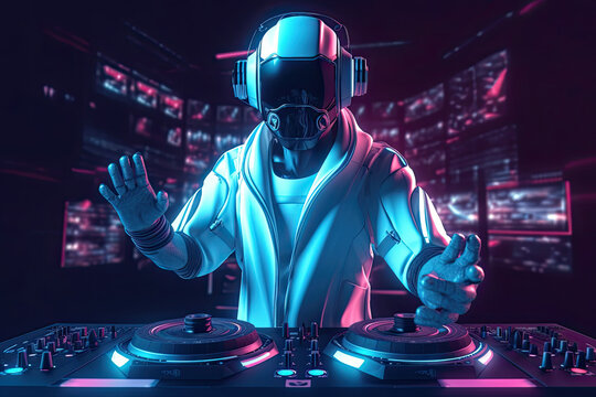 DJ robot mixing music in night club with neon lights. Artificial intelligence has fun like a human. Created with Generative AI