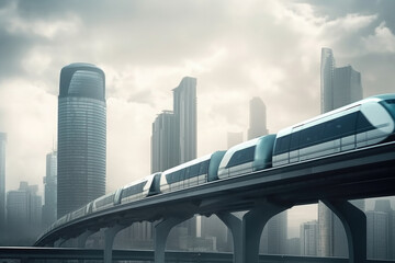 Futuristic public transport. Modern high speed train in city. Technological transport in the future. Created with Generative AI