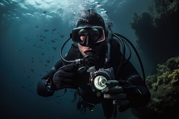 scuba diver with camera in hand, capturing underwater beauty, created with generative ai