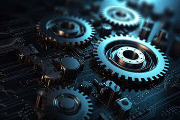 Digital gear wheels on circuit board. High technology engineering. Created with Generative AI