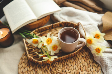 Cup of hot tea and spring home interior. good morning concept - obrazy, fototapety, plakaty