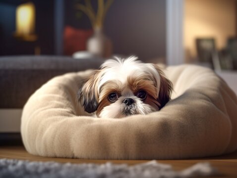 An adorable Shih Tzu puppy playfully peeking out from a cozy, plush pet bed. Generative AI
