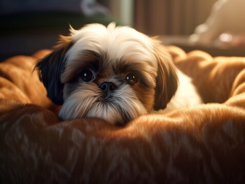 An adorable Shih Tzu puppy playfully peeking out from a cozy, plush pet bed. Generative AI
