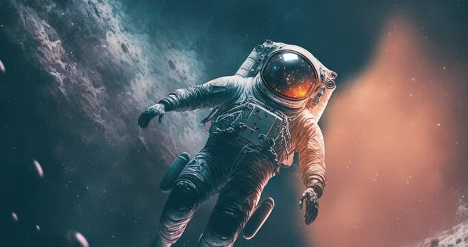 Single astronaut floating in space with dust and stars, created using generative ai technology