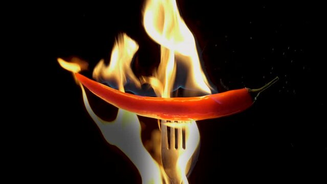 Hot red chili pepper on a fork in flames