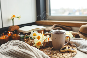 Spring still life, cup of tea, candles, open book and hat